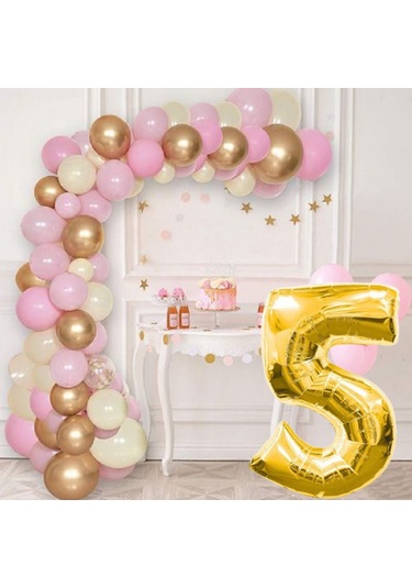 5 Yaş Krom Gold Pastel Pembe Ve Beyaz Balon Seti Gold Rakamlı Doğum Günü Balonu Şık Parti Süsleme Çok Renkli