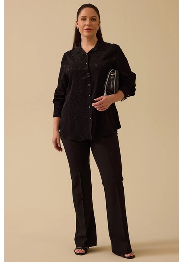 Galaxi Kadın Büyük Beden Jakarlı Düğmeli Gömlek 4011 Siyah Siyah