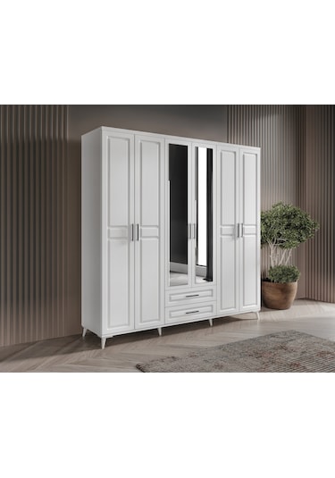 GuneyStore Gözde 6 Kapaklı Aynalı Komple MDF Beyaz Gardırop