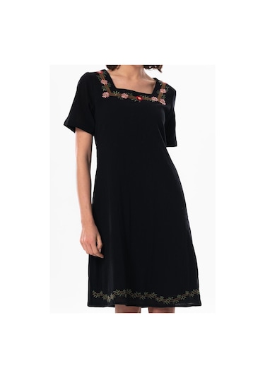 Kısa Kol Şile Bezi Kare Yaka Narin Kısa Yazlık Elbise Siyah Syh-siyah Siyah