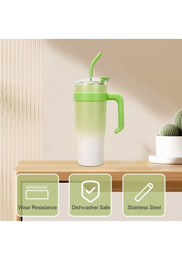 Moly 304 Çelik 1.2l Isı/sıcaklık Saklama Bardak, Pipetli, Arabaya Uygun, Yeşil Gradyan, 6-12 Saat Kapasite