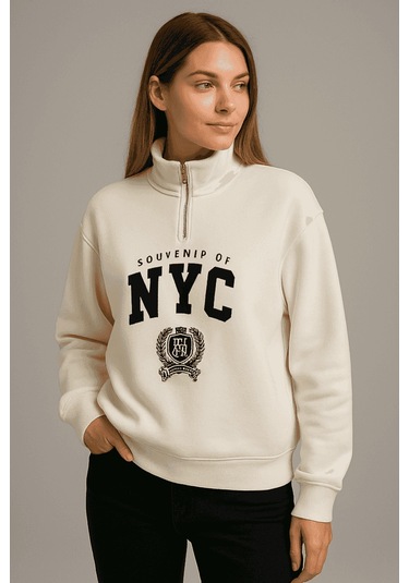 Önü Fermuarlı Nyc Baskılı Sweat Ekru