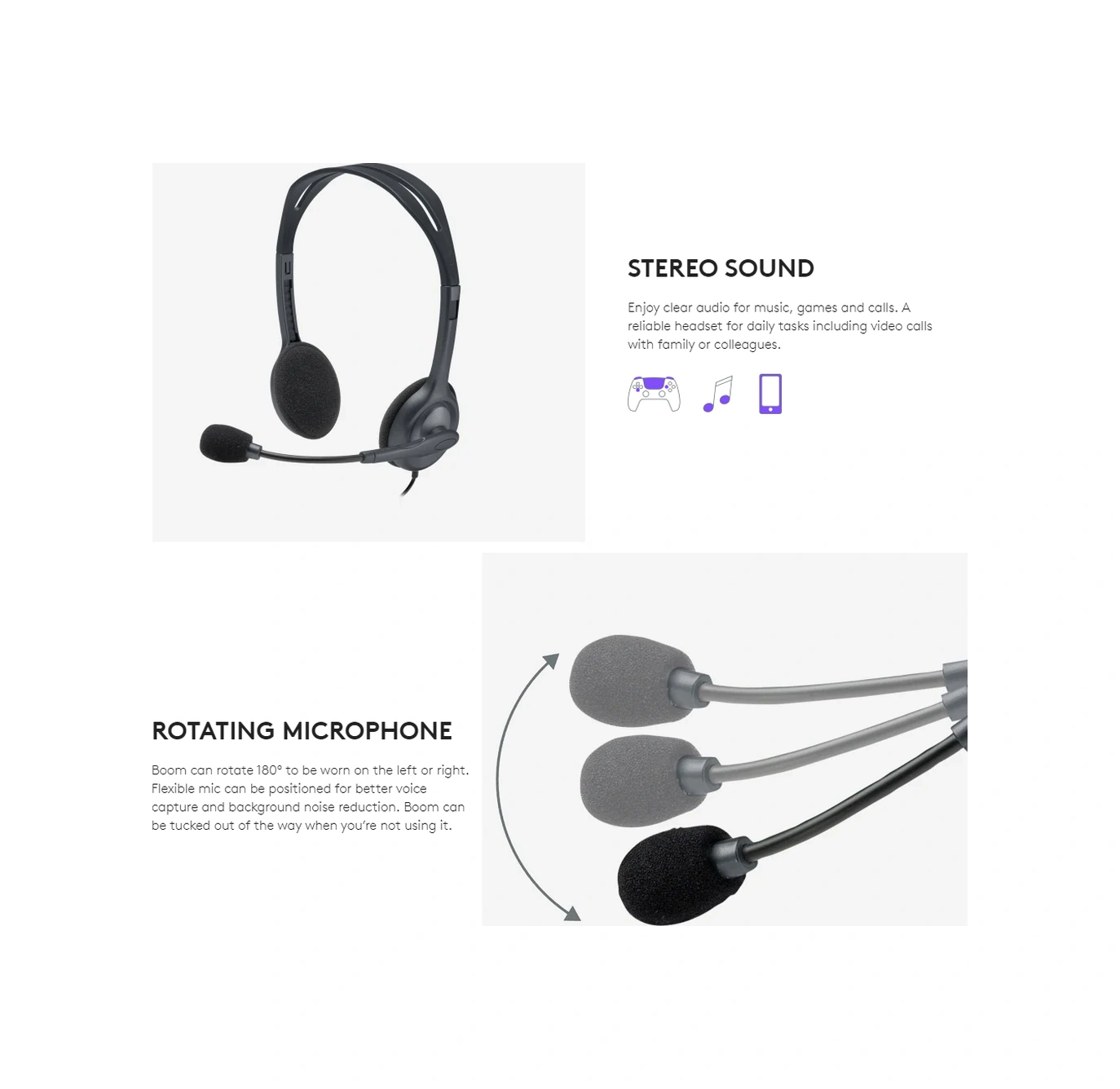 Moveevo Logitech H111 Kulaküstü Kulaklık: 3.5mm Kablolu, Stereo Ses, Döner Mikrofon, Oyun/müzik/arama İçin