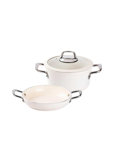 Tantitoni Deluxe Krem Seramik 3 Parça Tencere Seti Krem