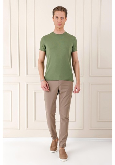 Slim Fit Bisiklet Yaka Düz Pamuklu Haki Tişört Ts 823 Haki