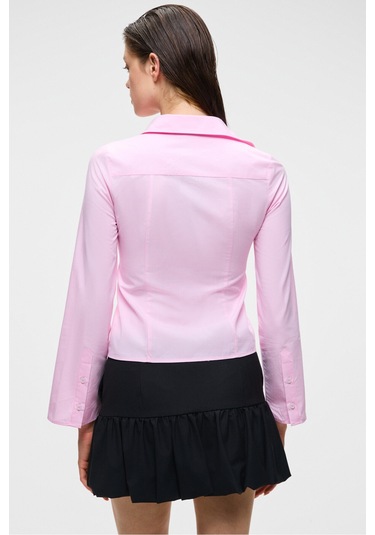 GRINNE Kadın Slim Gömlek Yaka Uzun Kollu İnce Uzun Pembe Gömlek