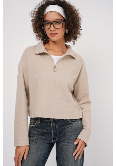 Bigdart 55449 Fermuarlı Yaka Örme Sweatshirt - Krem