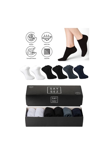 Saysez Bambu Erkek Patik Düz Çok Renk Çorap Dikişsiz Premium Kutulu 6'lı Siyah