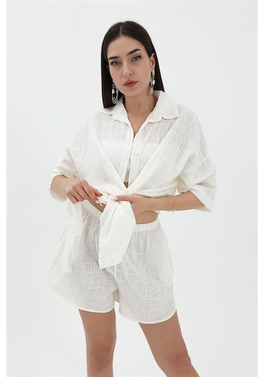 Pamuk Keten Şort Gömlek Kadın İkili Takım - Ekru-ekru Ekru