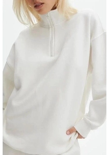 Vexor Unisex Uzun Kol Yarım Farmuarlı Yakalı Basic Sweatshirt - Beyaz