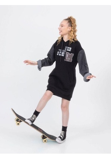 Kız Çocuk Kapüşonlu Kolları Kot Sweat Elbise-13452-siyah Siyah