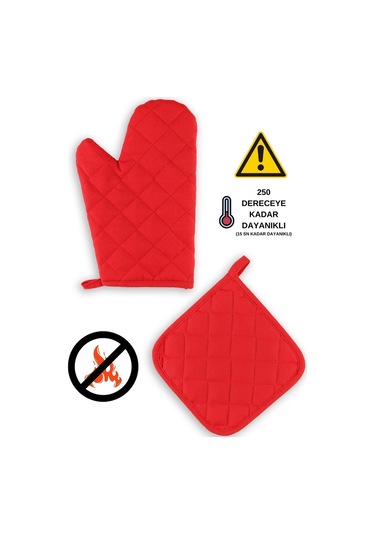 Yanmaz Fırın Eldiveni Ve Fırın Tutacağı 1 Eldiven 1 Tutacak Kırmızı