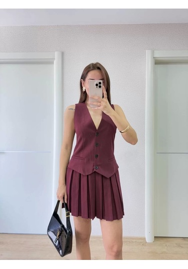 Keten Takım Görünümlü Düğme Detaylı Yelekli Mini Elbise - Bordo Bordo