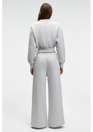 KARALIS Kadın Pamuklu Bisiklet Yaka Crop Grimelanj Sweatshirt