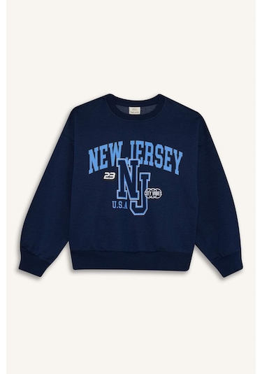 Defacto Kız Çocuk Relax Fit Bisiklet Yaka Baskılı Sweatshirt E8894a825aunv241 Lacivert