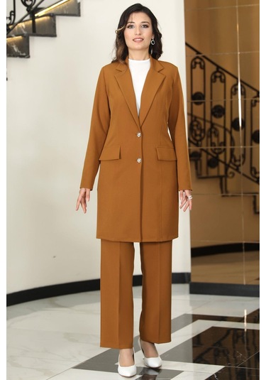 Parla Uzun Ceket Pantolon İkili Tesettür Takım Taba Taba