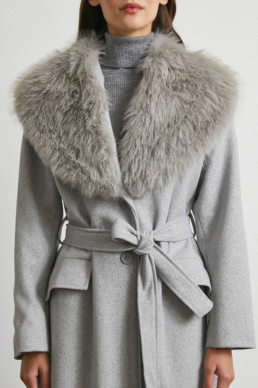 Kürk Yaka Kuşaklı Kaşe Kaban Gri Gri