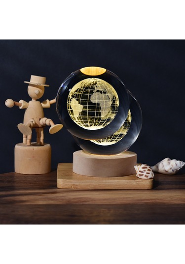 Yunboo 6cm Kristal Top + Ahşap Tabanlı 3d Lazer Gravürlü Ay Galaksi Led Gece Lambası Şeffaf