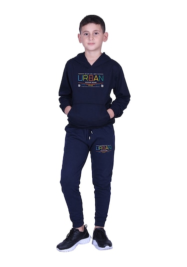 Kapüşonlu Kanguru Cepli Urban Yazı Baskılı Erkek Çocuk Eşofman Takımı Lacivert