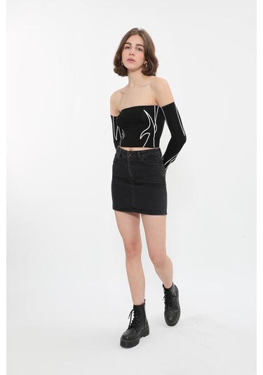 Kadın Likralı Antrasit Mini Jean Etek Antrasit