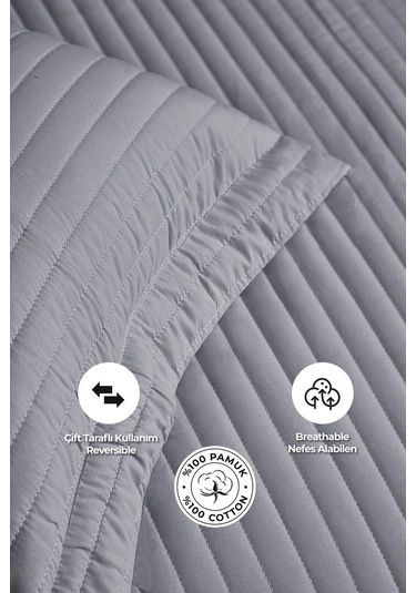 Evlen Home %100 Pamuk Yatak Örtüsü Pike Takımı Tek Kişilik Judy Yatay Çizgili Kapitone Gri Gri