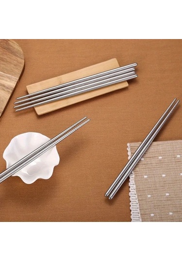 Sunshine011 Silvery 10 Adet Paslanmaz Çelik Yeniden Kullanılabilir Yemek Çubukları Seti Gümüşi