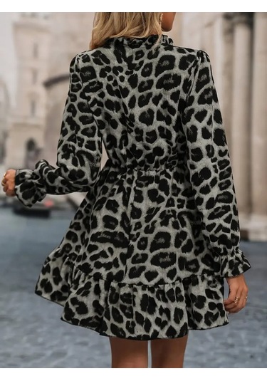 Nnstartshopping Kadın Uzun Kollu Yakadan Bağlamalı Beli Lastikli Şardonlu Dalgıç Elbise Gri