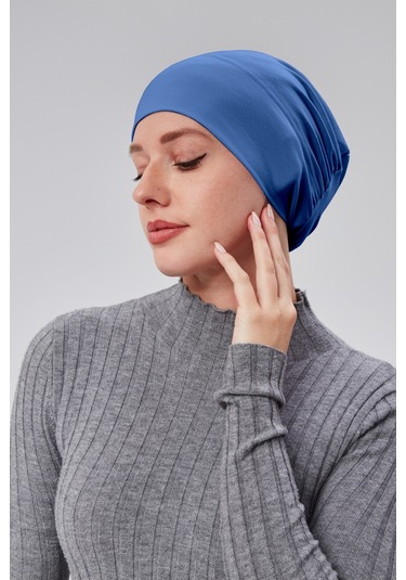 Kadın Tesettür Hazır Pratik Geçmeli Bone Lastikli Kaymaz Kot Rengi Açık Kot