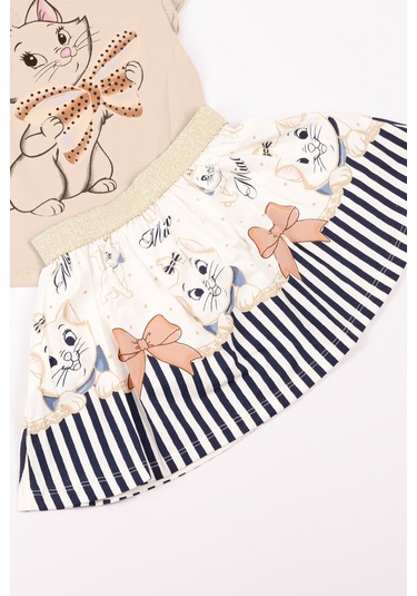 Kız Çocuk Takım Etekli Kedi Baskılı Kol Detaylı A66 Taş Rengi