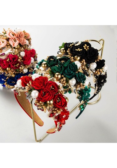 Kadın Baş Bandı Sahte Çiçek Sahte İnci Parlak Yapay Elmas Dekor Geniş Vintage Lüks Kaymaz Renkliyeşil Çok Renkli