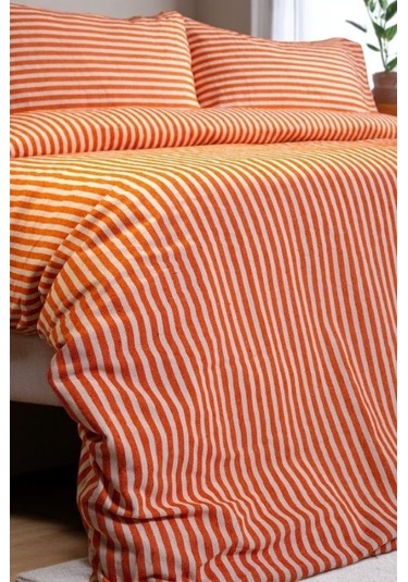 Turuncu Çizgili Keten Nevresim Yastık Seti Tek Kişilik 160x220 Cm Renkli