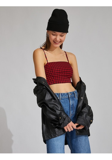 Koton İnce Askılı Crop Top Kırmızı Ekose 2sak30041pw
