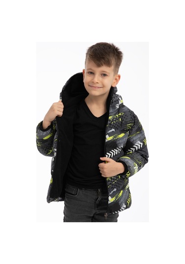 Erkek Çocuk Sarı Siyah Dijital Desen Içi Polar Su Ve Rüzgar Geçirmez Kapüşonlu Şişme Kışlık Mont Sarı - Siyah