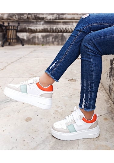 Gdt Ayakkabı Bej Turuncu Kalın Taban Bağcıklı Cırtlı Kadın Spor Ayakkabı 001