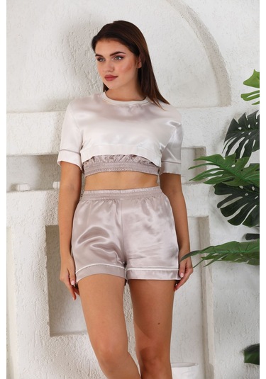 Laperissa Kadın Bej Saten Dokuma Lastik Detaylı Şık Pijama Takımı Bej