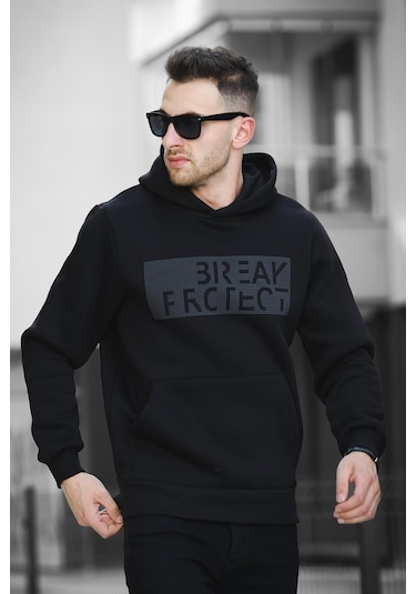 Oksit Break Üç İplik Şardonlu Baskılı Kapüşonlu Erkek Sweatshirt 001