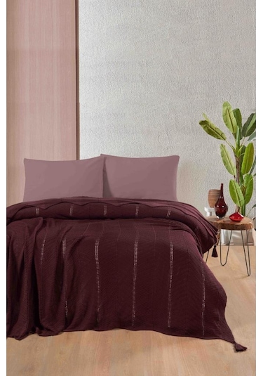 Sophıstıc Çift Kişilik Akrilik Örgü Battaniye Mürdüm