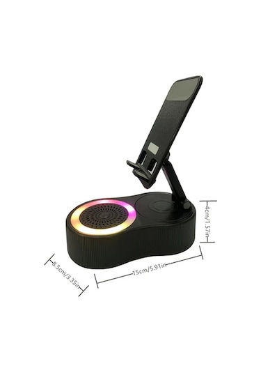 Fochsia Kablosuz Hoparlör Ve Power Banklı Katlanır Siyah Telefon Tutucu Siyah