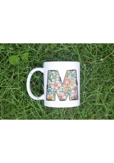 M Harfli Pastel Çiçek Desenli Kahve Kupası - Kişiye Özel Çiçekler Koleksiyonu Bardak - Hediye Beyaz