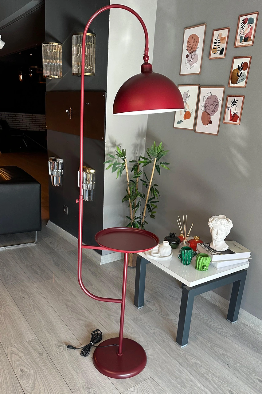 Vişne Çürüğü Lambader Hareketli Başlık Sehpalı Modern Dekoratif Metal Oturma Odası Çalışma Odası Bordo