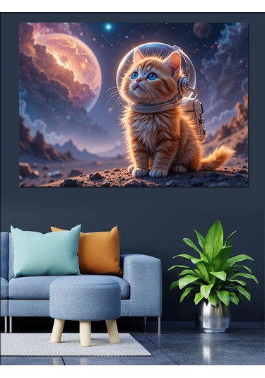 Uzayda Yavru Kedi Dekoratif Kanvas - Mdf Ahşap Tablo