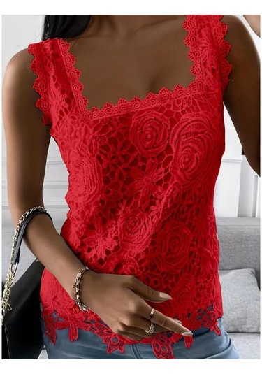 Yaz Kadın Yelek Kare Yaka Dantel Kolsuz Tank Top Kırmızı