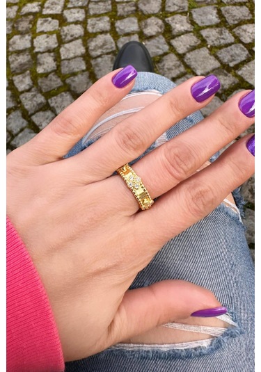 Marka Model Zirkon Çiçek Desenli Gold Yüzük - Ayarlanabilir Gold