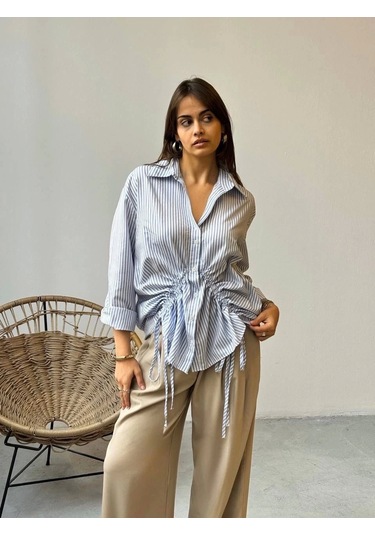 Önü Büzgü Detaylı Çizgili Gömlek Mavi
