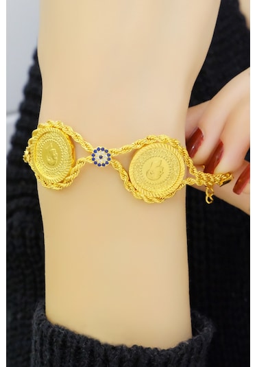 Üçlü çeyrekli halat bileklik Sarı Altın