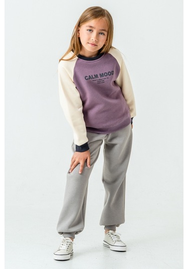 Kız Çocuk Calm Mood Baskılı 3 İplik Kalın Kışlık Eşofman Takımı Ak4209 Lila