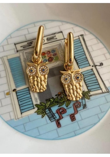 Vip Seri Gold Kaplama Baykuş Zirkon Taş Küpe Gold