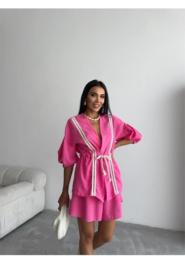 Sensuelle Keten Bel Büzgülü Bluz-pantolon Takım - Fuşya Fuşya