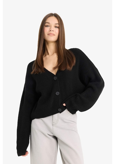 Defacto Regular Fit V Yaka Düğmeli Triko Hırka U2052az25wnbk81 Siyah