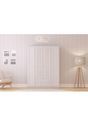 Lina Country 4 Kapak 2 Çekmeceli Aynalı Mega Gardırop Beyaz